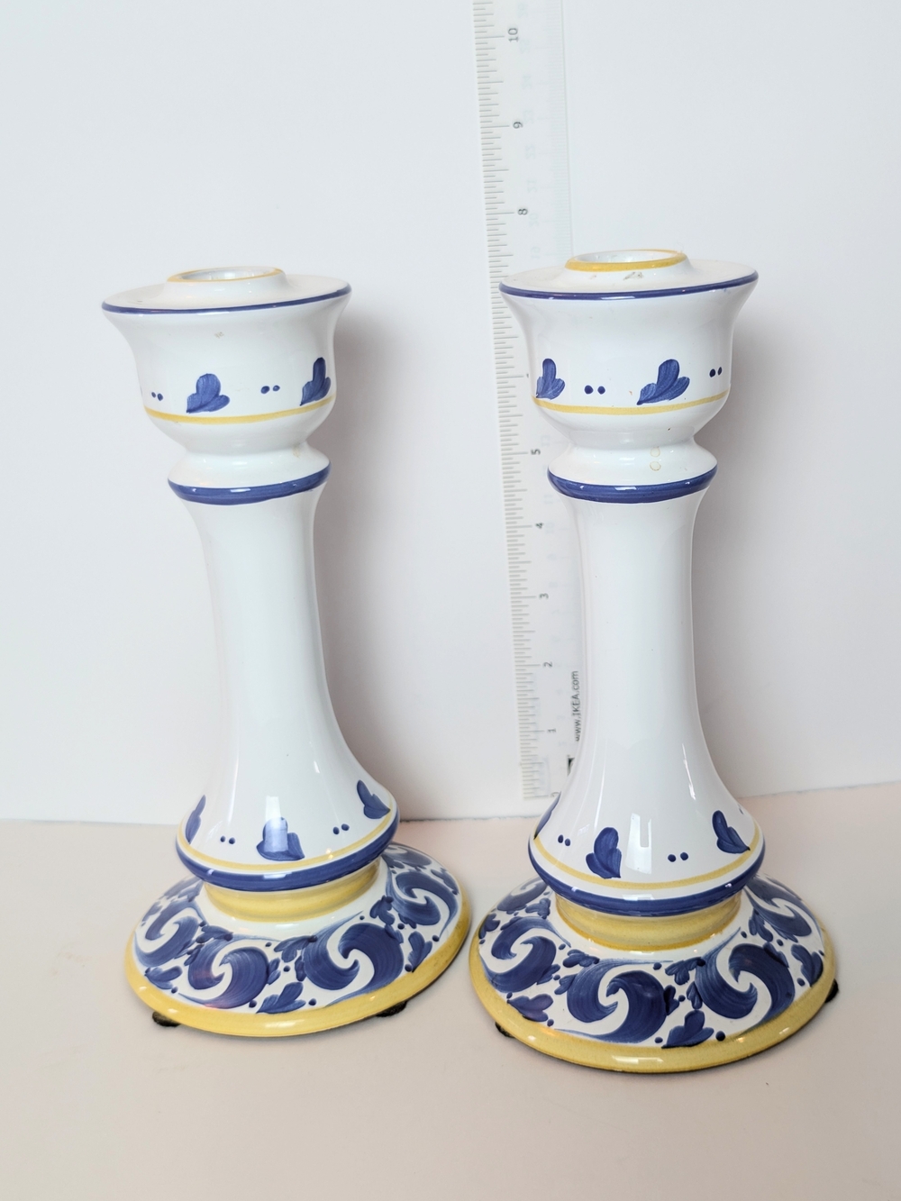 Herend‎ White Ceramic Candle Holders with Blue and Yellow Accents - Pair